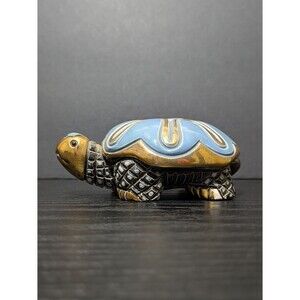 Artesania Rinconada DeRosa Blue & Gold Turtle Pottery Signed Figurine